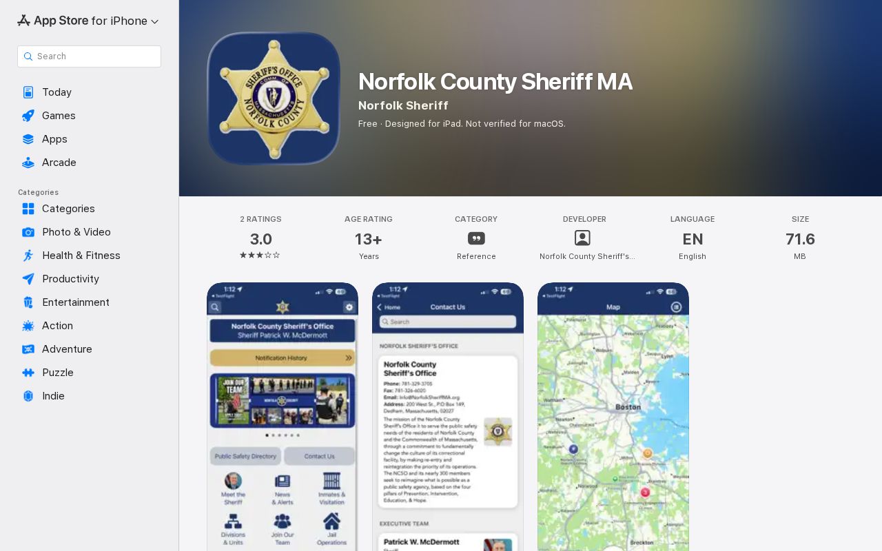 Norfolk County Sheriff app listing without a release mugshot feature