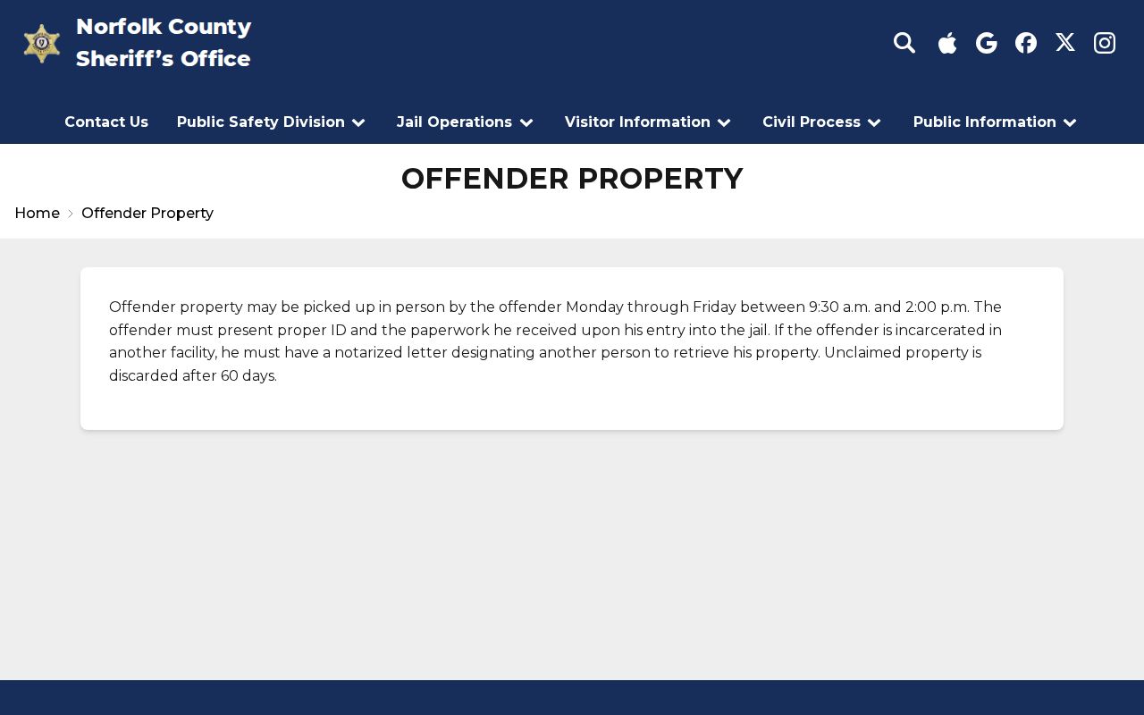 Norfolk County Correctional Center property pickup after release
